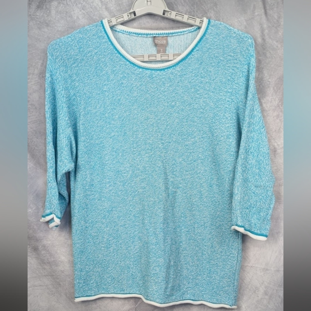 Chico's Size 3 (XL) Sweater In Light Turquoise/White
